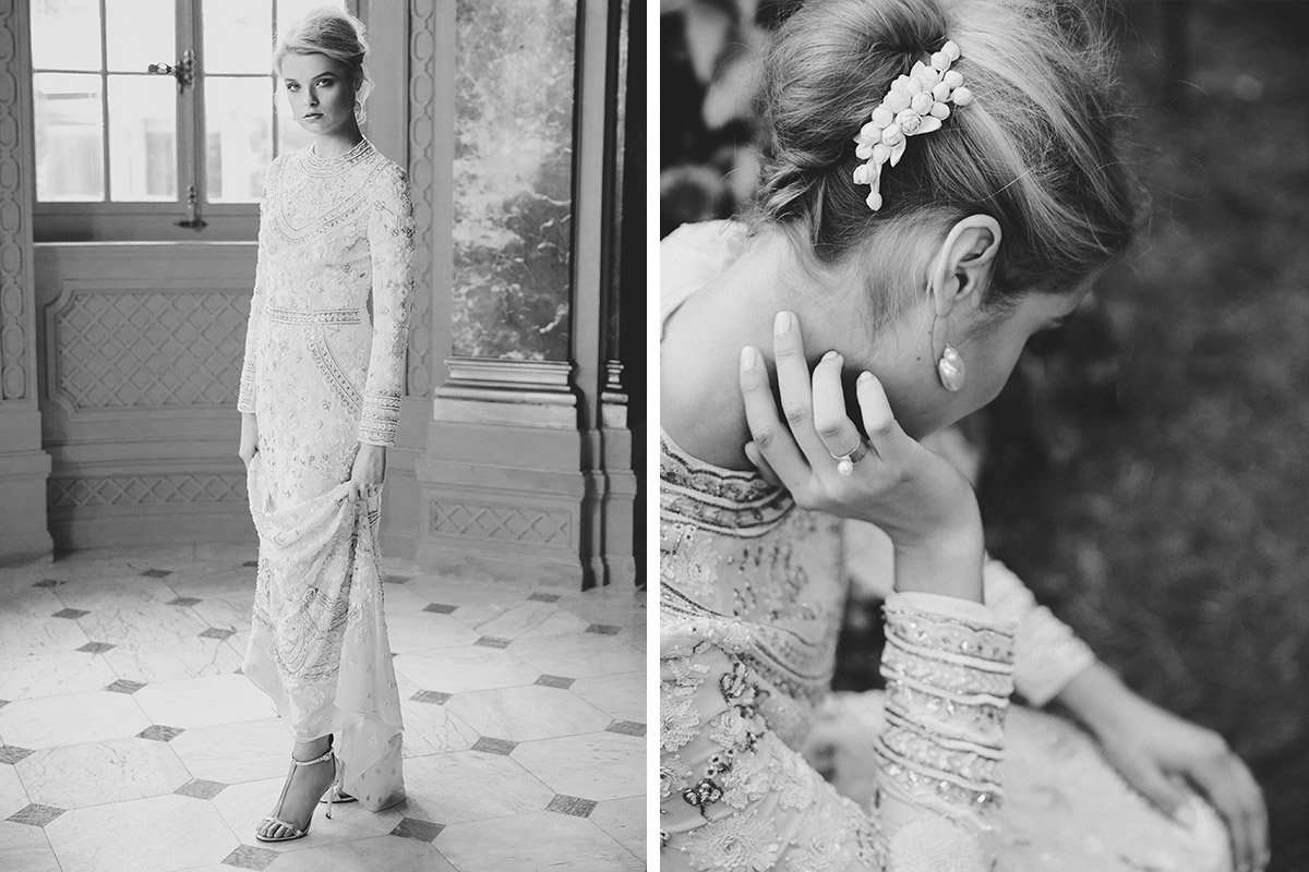 Fashion Hochzeit Fotoshooting im Schlosshotel Berlin Grunewald mit Braut die Schmuck trägt
